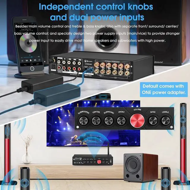 Alt view image 5 of 7 - HiFi 5.1 Channel Bluetooth Amplifier Stereo Home Theater Power Amp Subwoofer Amp