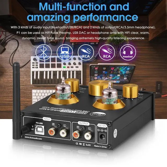 Alt view image 4 of 7 - Bluetooth Tube Preamp: HiFi Stereo Preamplifier Receiver | Headphone Amp | USB DAC | Tone Control for Home Theater, Desktop Listening (P1)