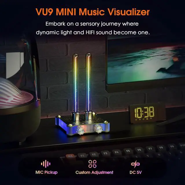 Alt view image 2 of 7 - RGB LED Sound Level: Tube Meter Music Spectrum Display Microphone Pickup Magnetic Design Desktop Set-Up HiFi Gaming Ambient Light for Audiophiles Gift (VU9-MINI)