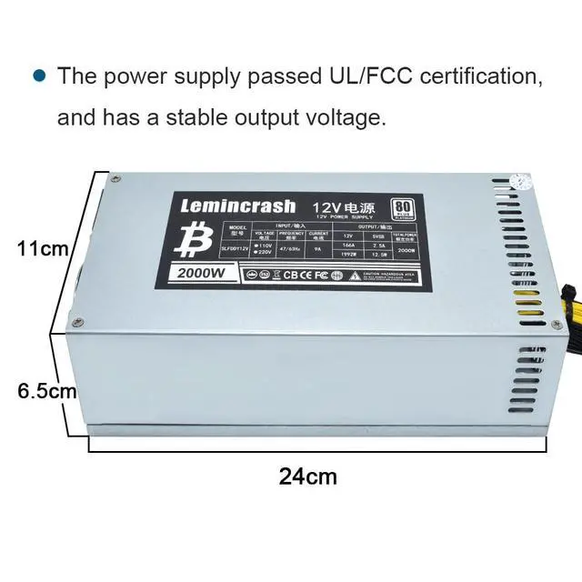 Alt view image 2 of 5 - 12V 166A AC110-240V 10x6pin 2000W PSU,for Bitmain Antminer S9 S7 L3 BTC LTC ETH Mining Power Supply