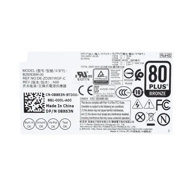 Alt view image 5 of 5 - New 08X63N H260EBM-00 B260EBM-00 L260EBM-00 AC260EBM-00 260W for Optiplex 3050 7050 3060 7060 7070 5090 Power Supply