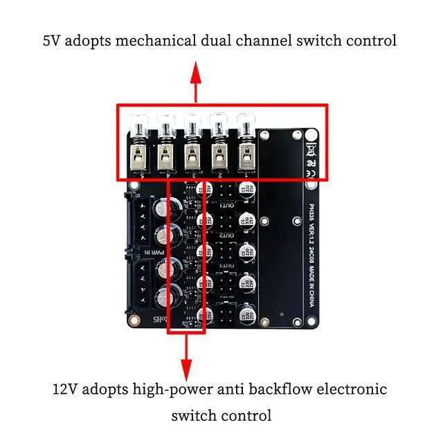 Alt view image 2 of 7 - PH335 5-Way Hard Disk Control Board Computer Host ATX Power 12V 5V Switcher SATA Large 4Pin Power Control Switch