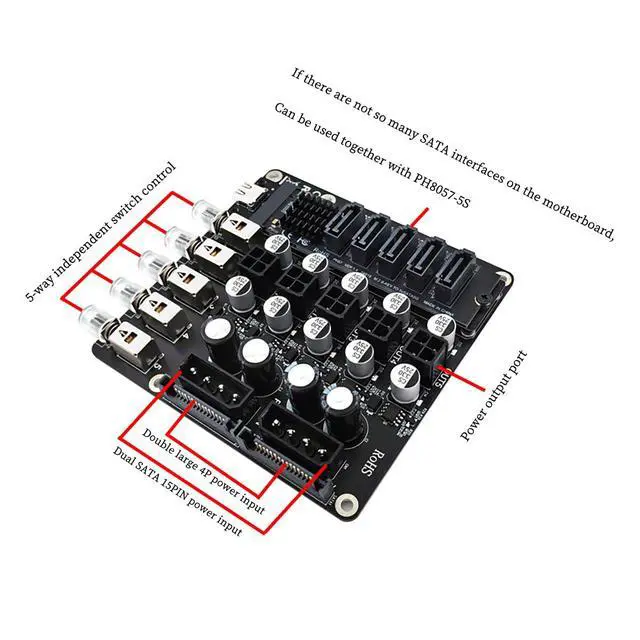 Alt view image 5 of 7 - PH335 5-Way Hard Disk Control Board Computer Host ATX Power 12V 5V Switcher SATA Large 4Pin Power Control Switch