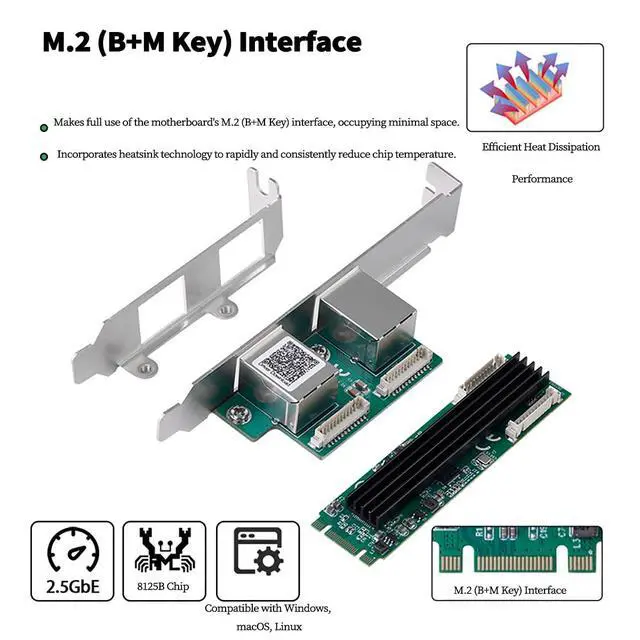 Alt view image 2 of 7 - M.2 B+M Key to Dual RJ45 2.5G Gigabit Ethernet Network Card, RTL8125B Chip High-Speed 2500Mbps RJ45 LAN Adapter PCIe M.2 Dual-Port NIC Compatible with NAS, Server, and Gaming PC