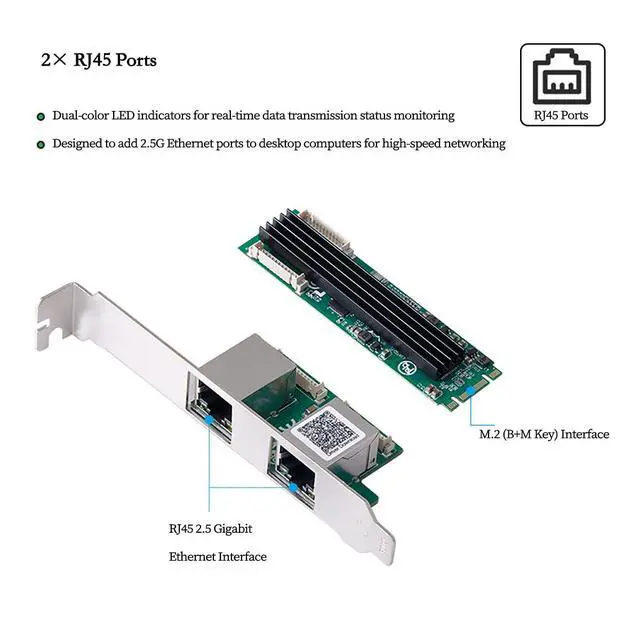 Alt view image 3 of 7 - M.2 B+M Key to Dual RJ45 2.5G Gigabit Ethernet Network Card, RTL8125B Chip High-Speed 2500Mbps RJ45 LAN Adapter PCIe M.2 Dual-Port NIC Compatible with NAS, Server, and Gaming PC