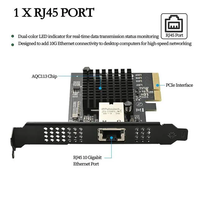 Alt view image 2 of 7 - PCIe x4 10G Network Card IO-PCE113-GLAN, AQC113 Chip 10G/5G/2.5G/1G RJ45 Ethernet Adapter, Compatible with Desktop PC, Server, NAS, and Soft Router Systems (Not Compatible with Apple System)