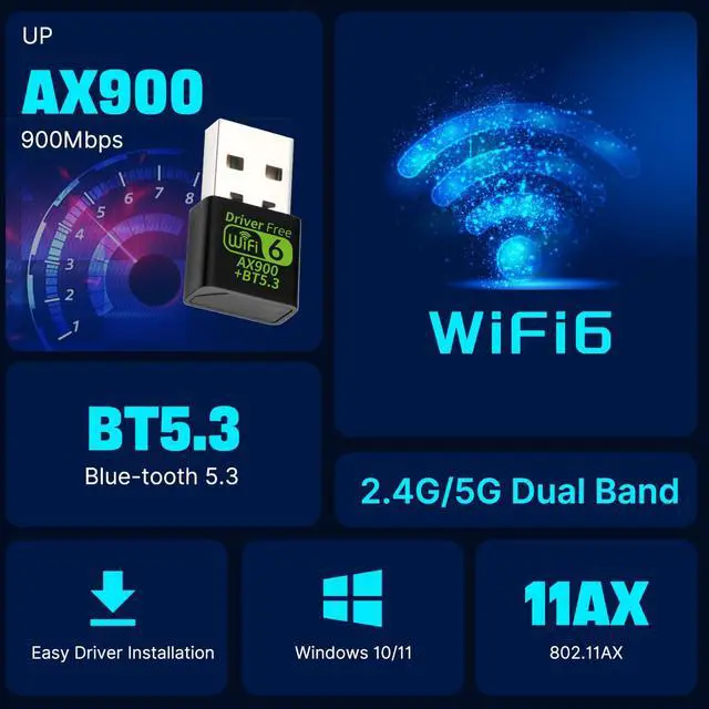 Alt view image 3 of 7 - AX900 USB WiFi 6 Adapter with Bluetooth 5.3, RTL8851BU Chip, Dual-Band 2.4GHz/5GHz up to 900Mbps, 802.11ax Wireless Network Card for PC Gaming Office