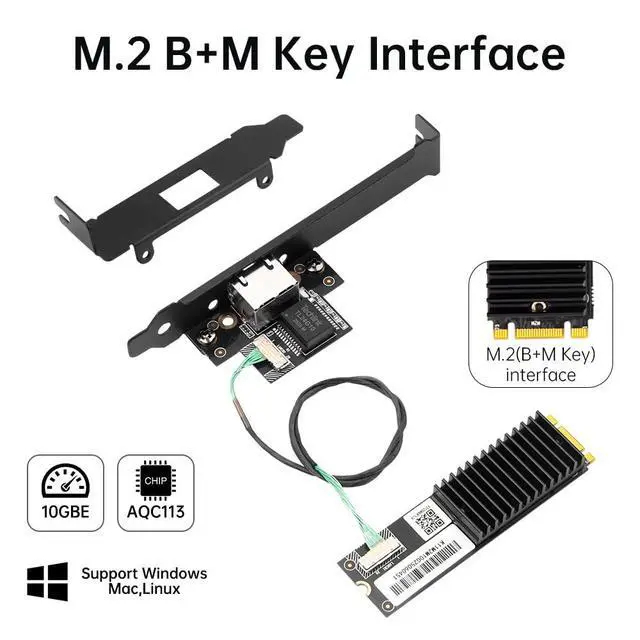 Alt view image 2 of 7 - 10 Gigabit Ethernet Card, M.2 B+M Key to RJ45 Network Adapter with Marvell AQC113 Chip, Multi-Gigabit 10G/5G/2.5G/1G/100Mbps NIC for Desktop Windows 11/10 & Linux with Standard/Low Profile Bracket
