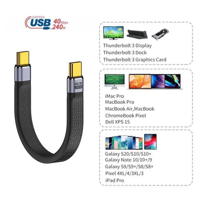 Alt view image 6 of 7 - 240W Flat Slim FPC Type-C USB-C to USB4 100W Male to Male Data 8K Cable for Laptop Phone