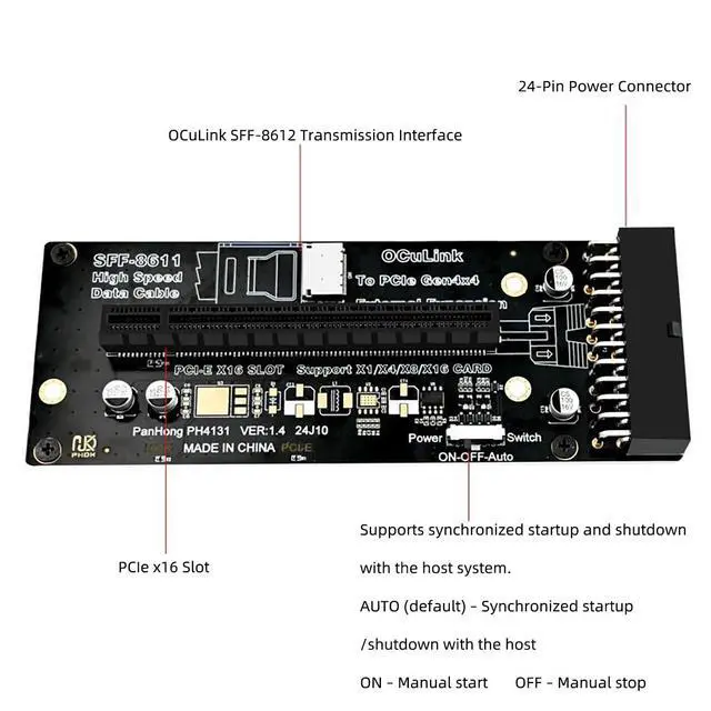 Alt view image 7 of 7 - PH4131 PCIe 4.0 x16 to Oculink SFF-8612 Adapter Card External GPU (eGPU) Riser for Desktop & Laptop, ATX 24-Pin Power, Supports Gen4x4, x1/x4/x8/x16 Devices