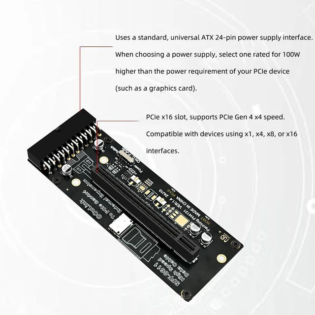 Alt view image 3 of 7 - PH4131 PCIe 4.0 x16 to Oculink SFF-8612 Adapter Card External GPU (eGPU) Riser for Desktop & Laptop, ATX 24-Pin Power, Supports Gen4x4, x1/x4/x8/x16 Devices