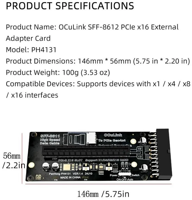 Alt view image 6 of 7 - PH4131 PCIe 4.0 x16 to Oculink SFF-8612 Adapter Card External GPU (eGPU) Riser for Desktop & Laptop, ATX 24-Pin Power, Supports Gen4x4, x1/x4/x8/x16 Devices