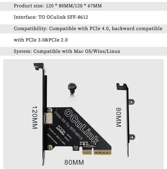 Alt view image 6 of 7 - PCIe 4.0 Gen4 to Oculink SFF-8612 / SFF-8611 External Adapter Support SFF-8639 U.2 SSD, GPU Dock, eGPU, NVMe SSD (PCIe X1 to Oculink)