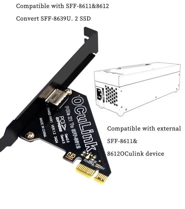 Alt view image 4 of 7 - PCIe 4.0 Gen4 to Oculink SFF-8612 / SFF-8611 External Adapter Support SFF-8639 U.2 SSD, GPU Dock, eGPU, NVMe SSD (PCIe X1 to Oculink)