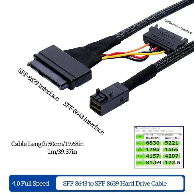 Alt view image 2 of 5 - Mini SAS SFF-8643 to U.2 SFF-8639 Cable with 15-Pin Power Connector IO-CAB40121 High-Speed 16GT/s PCIe 4-Lane Data Cable for Server, Workstation, Storage System (0.5M/19.68in)