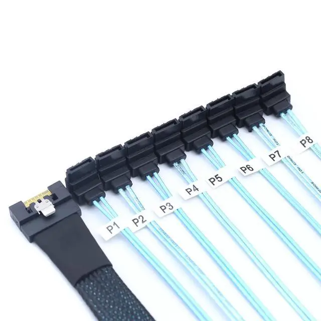 Alt view image 2 of 6 - PCI-E Slimline SAS SFF-8654 8i to 8X SATA 90-Degree Cable, Full Cover Anti-Misplug Design,24Gbps High-Speed Server Data Cable (0.5M/19.68in)