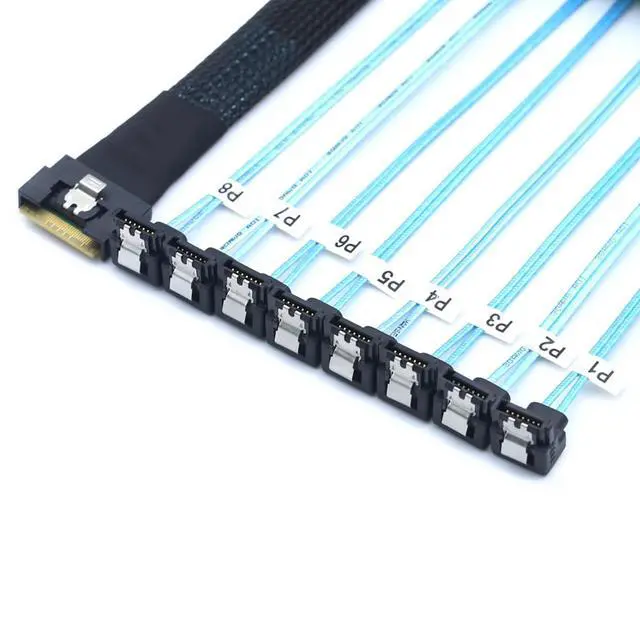 Alt view image 6 of 6 - PCI-E Slimline SAS SFF-8654 8i to 8X SATA 90-Degree Cable, Full Cover Anti-Misplug Design,24Gbps High-Speed Server Data Cable (0.5M/19.68in)