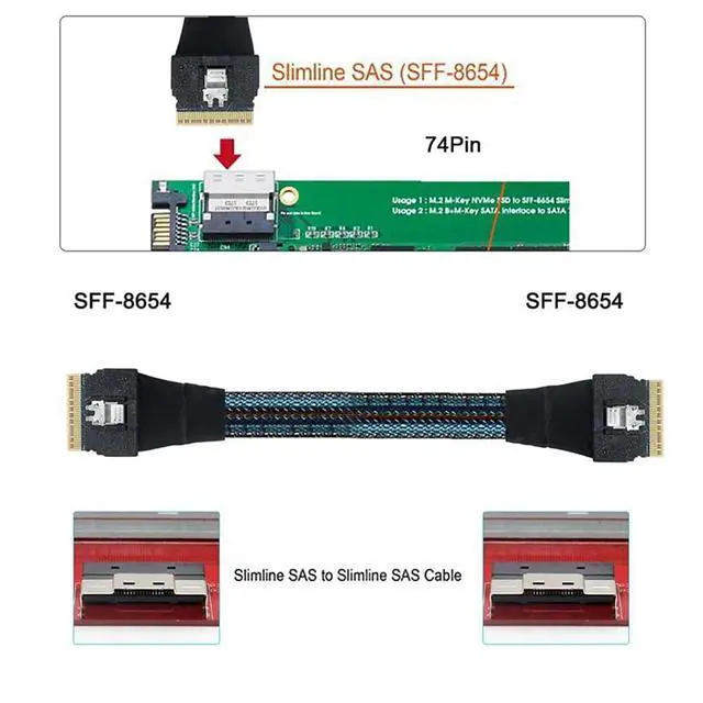 Alt view image 2 of 5 - Slimline SAS 4.0 SFF 8654 8i 74 Pin Cable for High Speed Server Storage and PCIe Connections Compatible with SFF 8654 Female Ports Latch Locking (1m/39.37in)