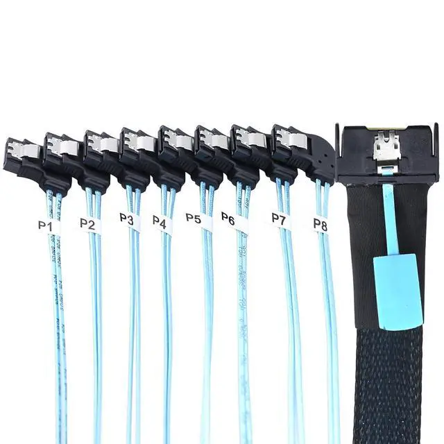 Alt view image 3 of 6 - MCIO PCIe Slimline SFF-8654 8i to 8* SATA 7P Left Angle Female Hard Drive Converter Cable 32AWG High Speed Server Internal Harness (0.5M)