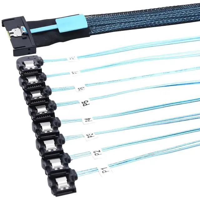 Main image of MCIO PCIe Slimline SFF-8654 8i to 8* SATA 7P Left Angle Female Hard Drive Converter Cable 32AWG High Speed Server Internal Harness (0.5M)