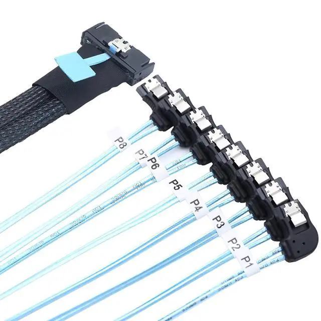 Alt view image 2 of 6 - MCIO PCIe Slimline SFF-8654 8i to 8* SATA 7P Left Angle Female Hard Drive Converter Cable 32AWG High Speed Server Internal Harness (0.5M)