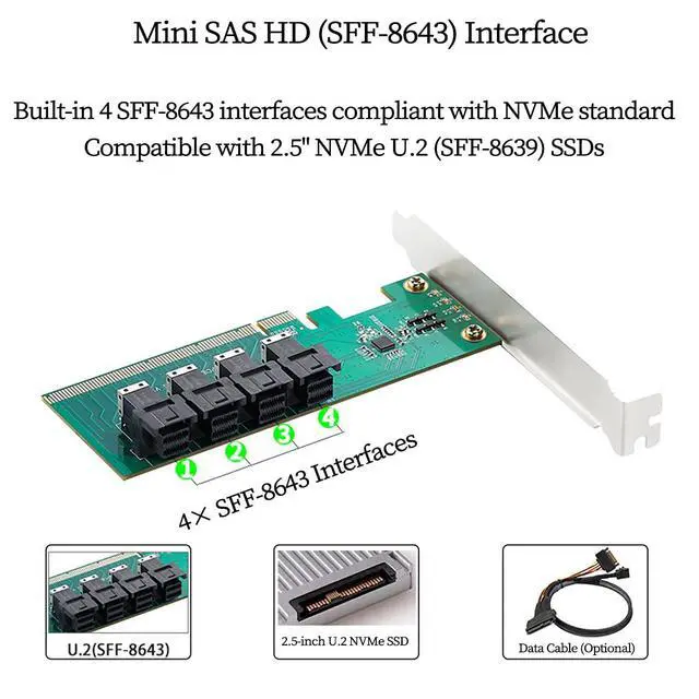 Alt view image 3 of 7 - PCIe 3.0 x16 to 4-Port U.2 NVMe Expansion Card, SFF-8643/SFF-8639 Interface Splitter Adapter High-Speed 4X NVMe SSD RAID Card for Server,Data Center (with 0.5m 8643 to 8639 Cable*4)