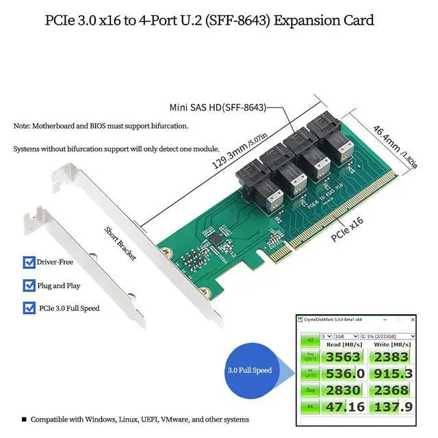 Alt view image 4 of 7 - PCIe 3.0 x16 to 4-Port U.2 NVMe Expansion Card, SFF-8643/SFF-8639 Interface Splitter Adapter High-Speed 4X NVMe SSD RAID Card for Server,Data Center (with 0.5m 8643 to 8639 Cable*4)