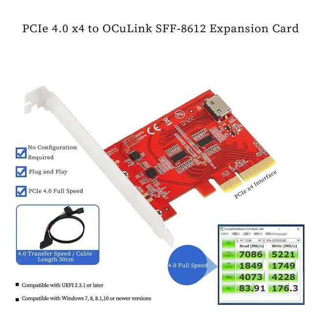 Alt view image 2 of 6 - PCIe 4.0 x4 to U.2 Expansion Card with Cable Oculink SFF-8612 to SFF-8639 NVMe SSD Adapter, Gen4 16GT/s High-Speed Data Transfer for Server, Desktop, and Workstation