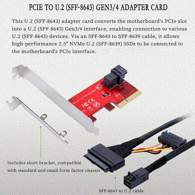 Alt view image 3 of 6 - PCIe 3.0 x4 to U.2 (SFF-8643) NVMe Adapter Card Internal PCI Express to U.2 Converter for 2.5" NVMe SSDs (SFF-8639), Supports 750 and Other U.2 Drives, 32Gbps Bandwidth
