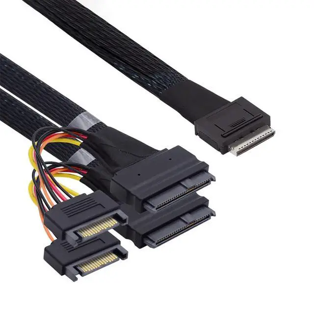 Alt view image 5 of 6 - OCuLink PCIe SFF-8611 8X to Dual SFF-8639 U.2 Cable with 15-Pin SATA Power, 32AWG Copper High-Speed Harness, 12Gbps Data Transfer (0.5M/19.68in)