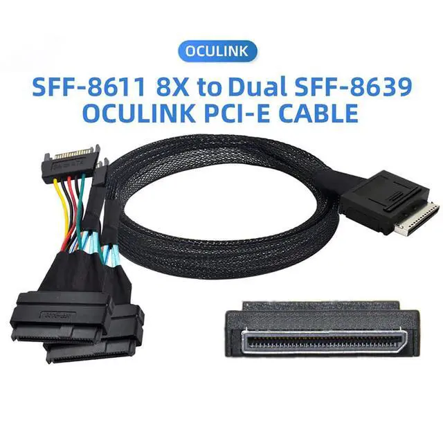 Alt view image 4 of 6 - OCuLink PCIe SFF-8611 8X to Dual SFF-8639 U.2 Cable with 15-Pin SATA Power, 32AWG Copper High-Speed Harness, 12Gbps Data Transfer (0.5M/19.68in)