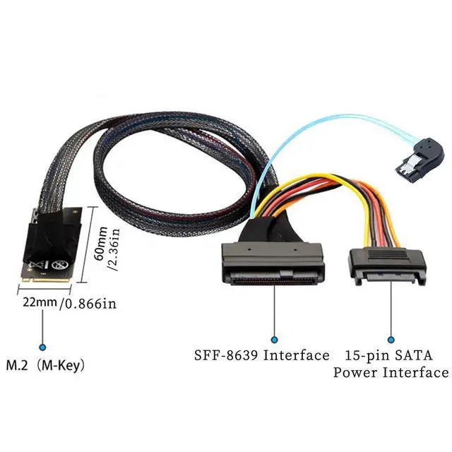 Alt view image 2 of 6 - M.2 M-Key SFF-8643 to U.2 SFF-8639 with SATA 15Pin and 7Pin Right Angle Cable 12Gbps High Speed 32AWG Server Data Cable for NVMe SSD, RAID Controller (1m/39.37in)