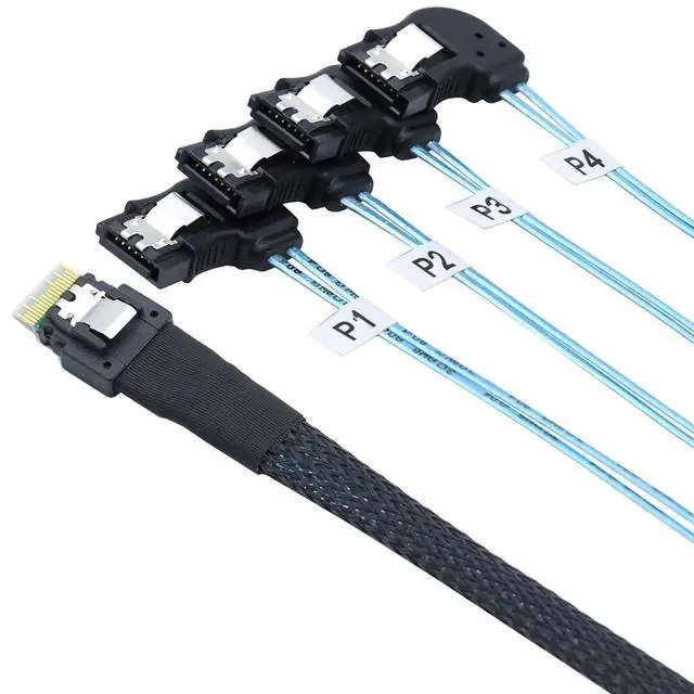 Alt view image 5 of 6 - PCIE Slimline SAS 4.0 SFF-8654 38Pin to 4* SATA 7Pin Left Angle Cable High Speed 30AWG Server Data Transfer Cable Compatible with RAID Controller, HDD, SSD (0.5M/19.68in)