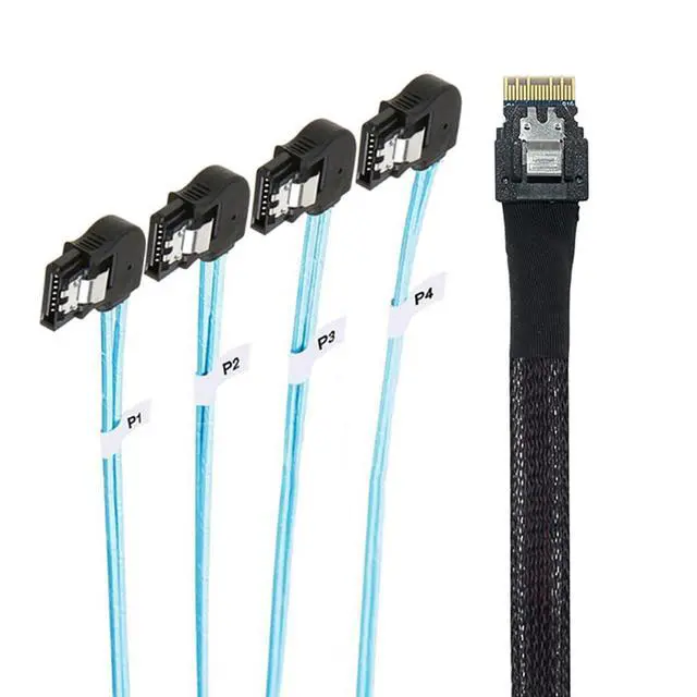 Alt view image 2 of 6 - PCIE Slimline SAS 4.0 SFF-8654 38Pin to 4* SATA 7Pin Left Angle Cable High Speed 30AWG Server Data Transfer Cable Compatible with RAID Controller, HDD, SSD (0.5M/19.68in)