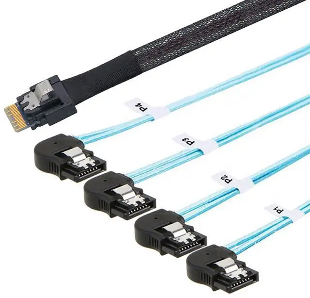 Main image of PCIE Slimline SAS 4.0 SFF-8654 38Pin to 4* SATA 7Pin Left Angle Cable High Speed 30AWG Server Data Transfer Cable Compatible with RAID Controller, HDD, SSD (0.5M/19.68in)