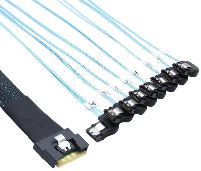 Main image of Slimline 4.0 SFF-8654 8i to 8X SATA Right-Angle Cable, Full Cover Anti-Misplug Design, 24Gbps High-Speed Server Hard Drive Data Cable Compatible with RAID Controller, Workstation (1m/39.37in)