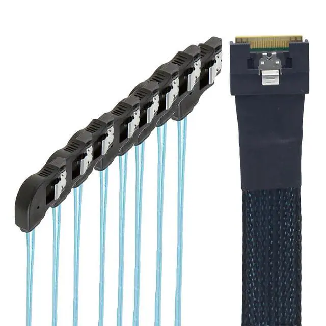 Alt view image 2 of 6 - Slimline 4.0 SFF-8654 8i to 8X SATA Right-Angle Cable, Full Cover Anti-Misplug Design, 24Gbps High-Speed Server Hard Drive Data Cable Compatible with RAID Controller, Workstation (1m/39.37in)