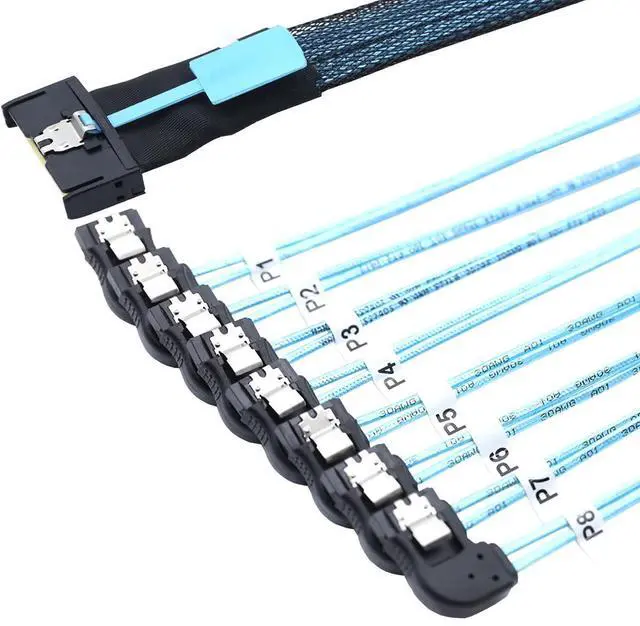 Main image of MCIO PCIe Slimline SFF-8654 8i to 8* SATA 7P Right Angle Hard Drive Converter Cable 32AWG 85m High Speed Internal Harness (0.8M/31.49in)