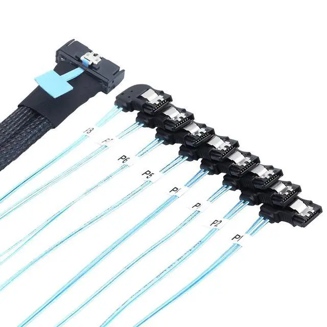 Alt view image 4 of 6 - MCIO PCIe Slimline SFF-8654 8i to 8* SATA 7P Right Angle Hard Drive Converter Cable 32AWG 85m High Speed Internal Harness (0.8M/31.49in)