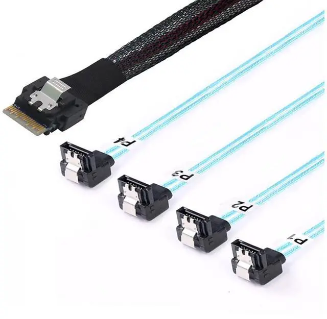 Alt view image 3 of 6 - PCIe Slimline SAS 4.0 38pin SFF-8654 4i to 4X SATA 90 Degree Female Server Cable 30AWG High Speed Internal Harness (1m/39.37in)