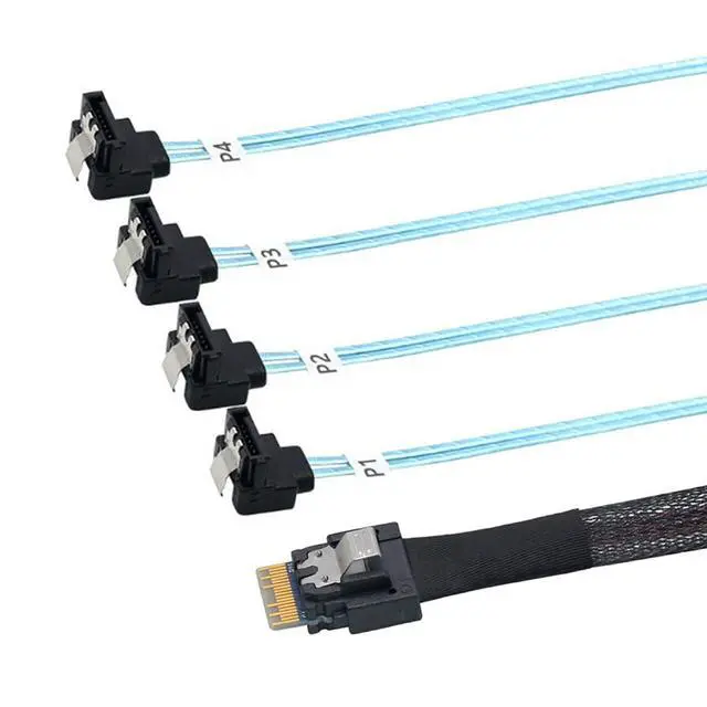 Alt view image 5 of 6 - PCIe Slimline SAS 4.0 38pin SFF-8654 4i to 4X SATA 90 Degree Female Server Cable 30AWG High Speed Internal Harness (1m/39.37in)
