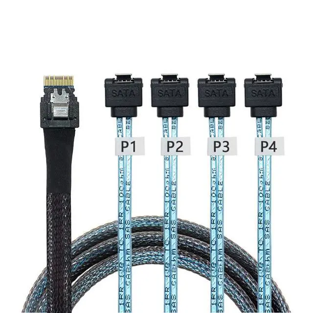 Alt view image 4 of 6 - PCIe Slimline SAS 4.0 38pin SFF-8654 4i to 4X SATA 90 Degree Female Server Cable 30AWG High Speed Internal Harness (1m/39.37in)