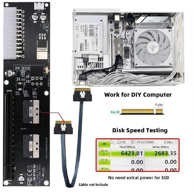 Alt view image 2 of 7 - Dual SFF-8654 74Pin Slimline 8X VROC to PCIE PCI-Express 16x Adapter with ATX 24Pin Power Switch Port