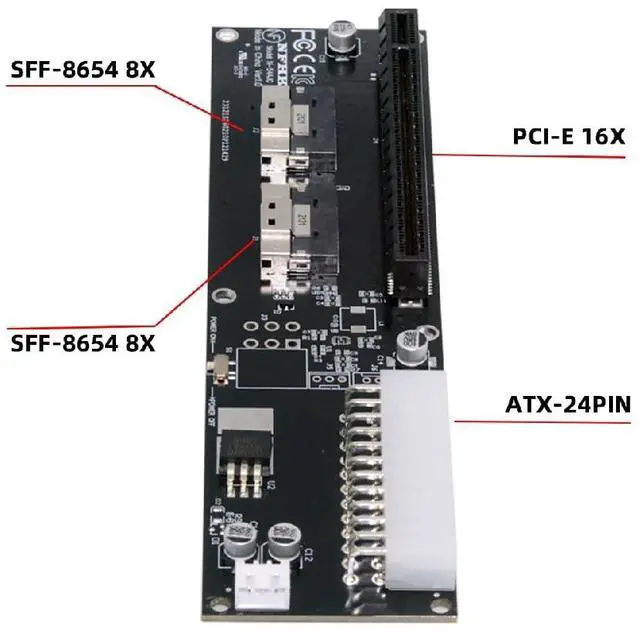 Alt view image 6 of 7 - Dual SFF-8654 74Pin Slimline 8X VROC to PCIE PCI-Express 16x Adapter with ATX 24Pin Power Switch Port