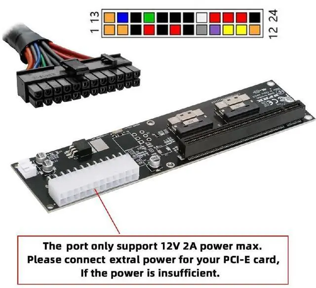 Alt view image 7 of 7 - Dual SFF-8654 74Pin Slimline 8X VROC to PCIE PCI-Express 16x Adapter with ATX 24Pin Power Switch Port