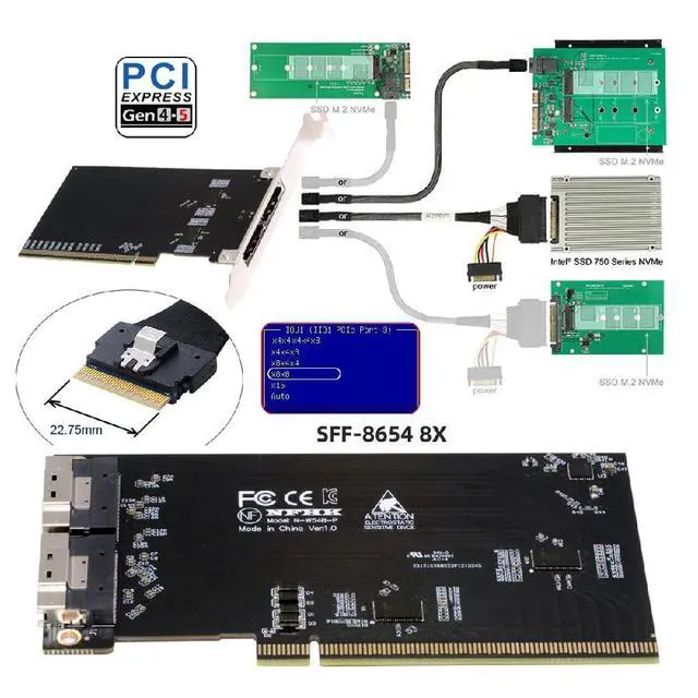 Alt view image 6 of 7 - Dual SFF-8654 8X 74Pin to PCIE 16X Express 5.0 PCIE4.0 Raid VROC Hyper External Slimline Adapter with Linear Redriver Over Long Cable Lengths