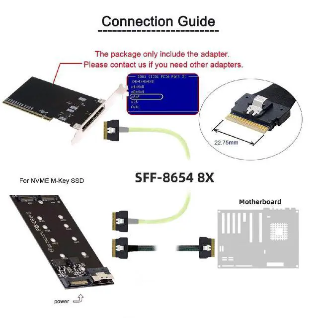 Alt view image 7 of 7 - Dual SFF-8654 8X 74Pin to PCIE 16X Express 5.0 PCIE4.0 Raid VROC Hyper External Slimline Adapter with Linear Redriver Over Long Cable Lengths