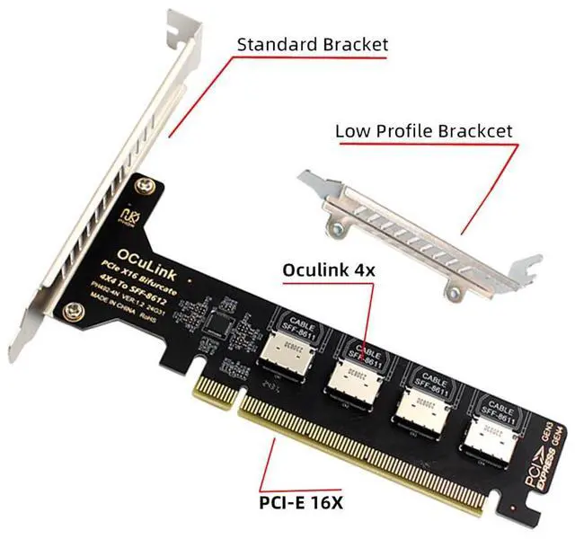 Alt view image 6 of 7 - 4 Port PCIe 4.0 X16 to Oculink Adapter,SFF-8611/8612 to PCI Express Expansion Card Adapter with 8cm/12cm Slot Bracket