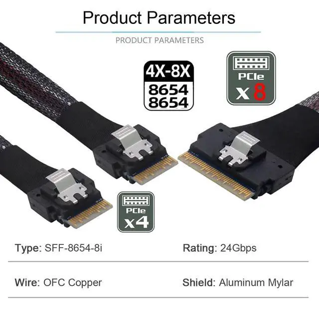 Alt view image 6 of 7 - PCI-E Ultraport Slimline SAS Slim 4.0 SFF-8654 8i 74pin to Dual SFF-8654 4i 38Pin Cable 40cm PCI-Express