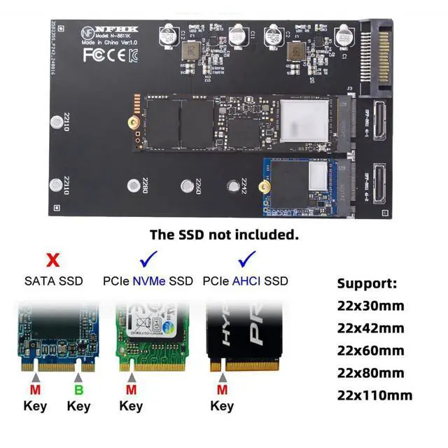 Alt view image 4 of 7 - Dual SFF-8612 SFF-8611 Oculink to M-Key NVME M.2 NGFF PCIe SSD 2280 22110mm Adapter for Mainboard